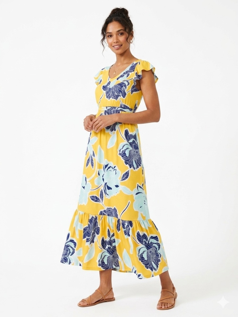 Iman Vibrant Floral Flutter Sleeve Tiered Maxi Dress Size Small